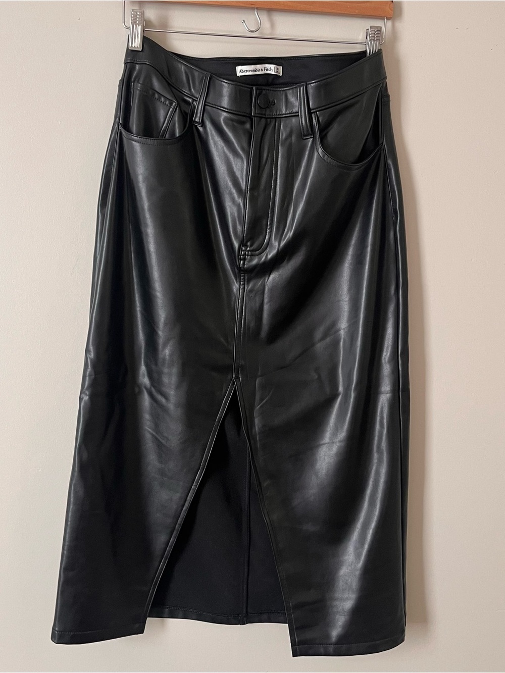 Abercrombie & Fitch Black Faux Leather Midi Skirt with Front Slit